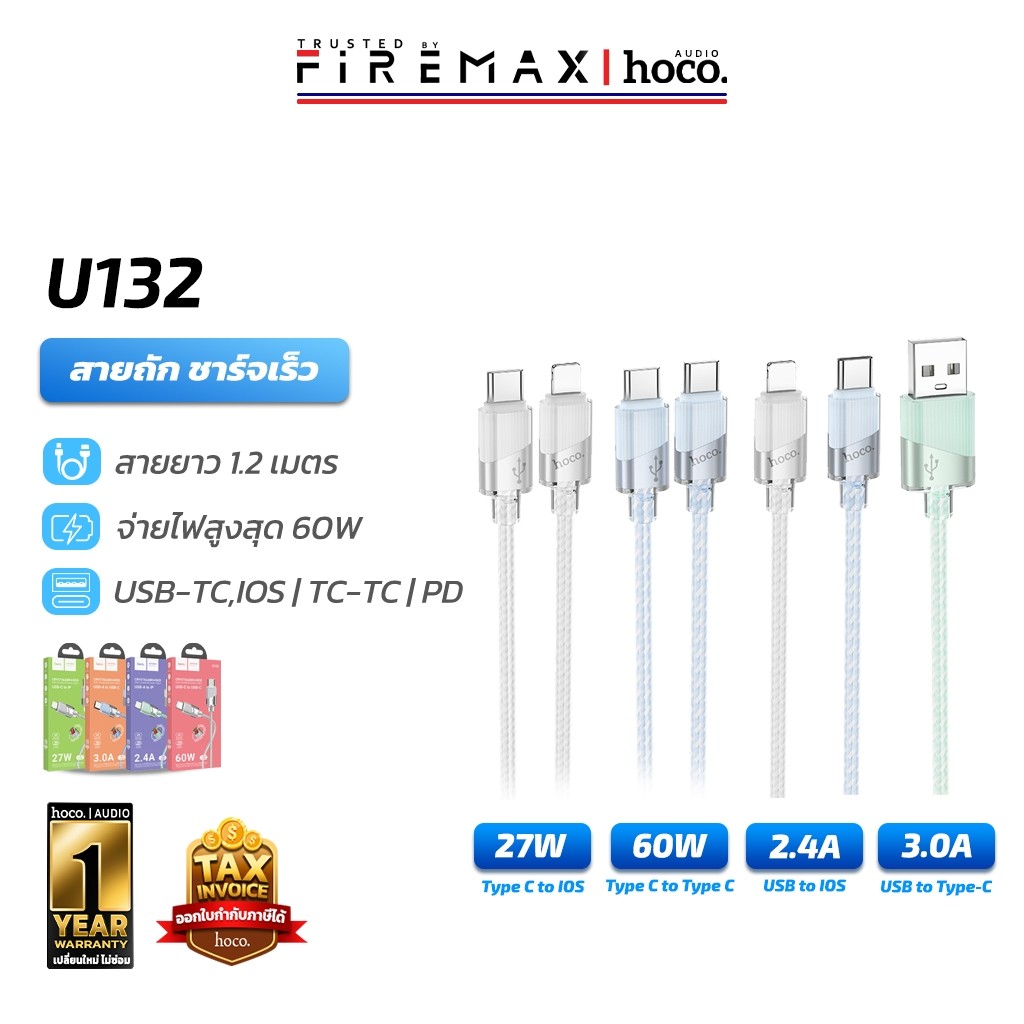 HOCO U132 สายชาร์จเร็ว สายกันหัก รองรับถ่ายโอนข้อมูล TC-TC 60w / PD 27w ...