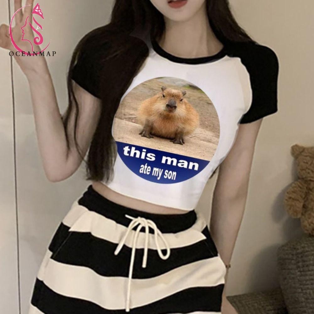 Oceanmap Capybara พิมพ์เสื้อกล้าม, Patchwork สัตว์ Y2K Capybara Crop ...