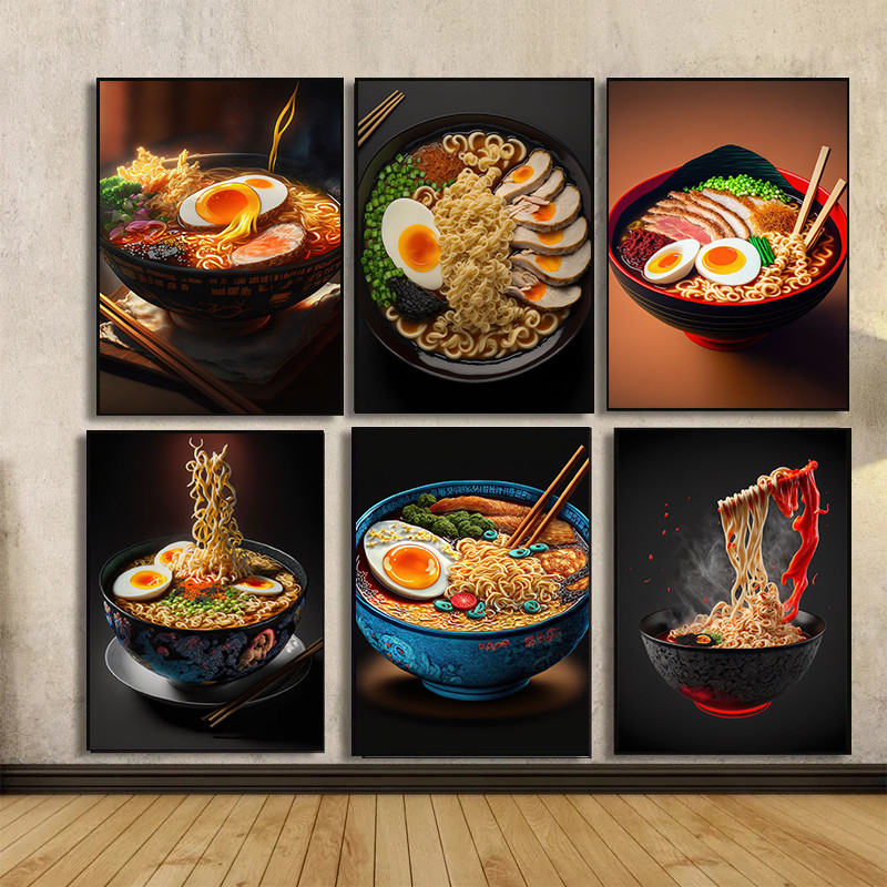 อาหารญี่ปุ่น Ramen Noodles โปสเตอร์พิมพ์ผ้าใบพิมพ์ Modern Wall Art รูปภาพสําหรับห้องอาหารตกแต่งร้านอาหาร
