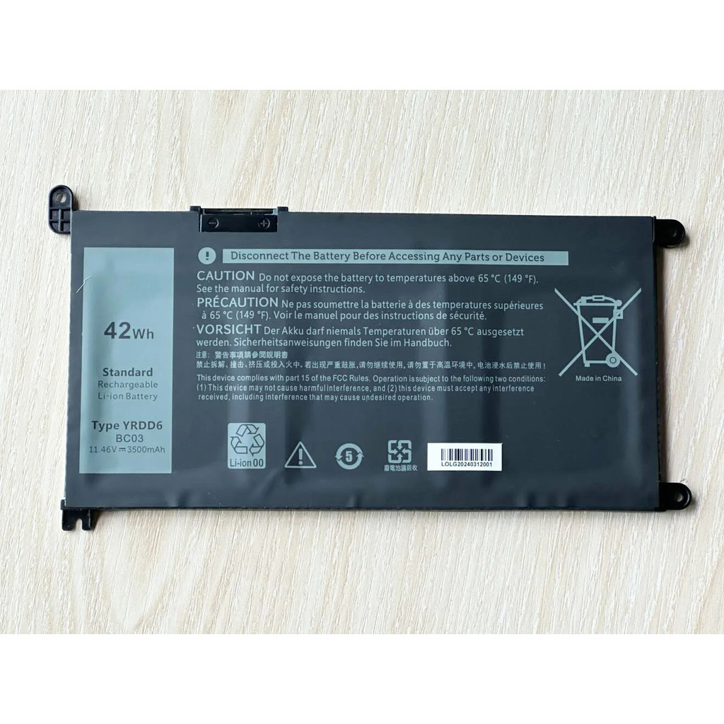 YRDD6 แบตเตอรี่แล็ปท็อป lithium ion batteries 11.4V 42Wh For Dell ...