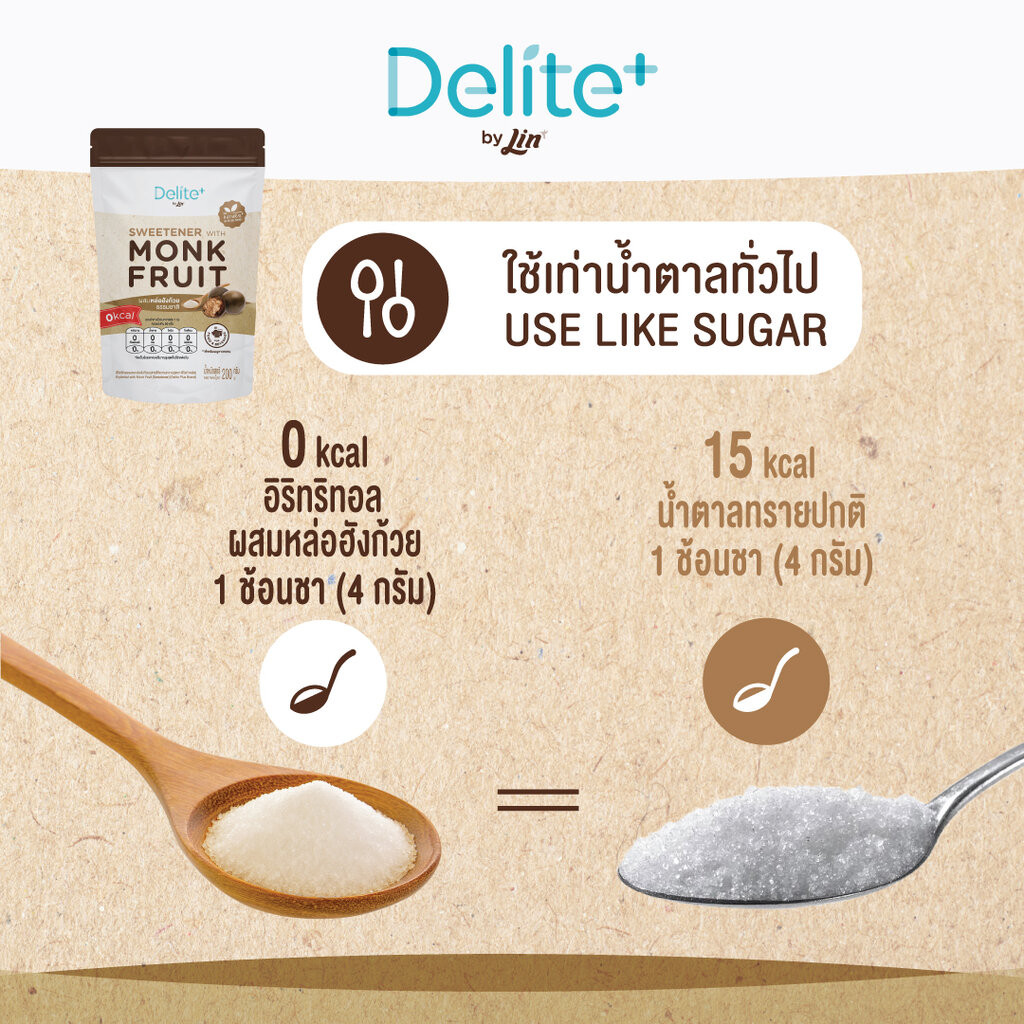 น้ำตาลหล่อฮังก้วย ดีไลท์ พลัส (Delite+ Erythritol with Monkfruit ...
