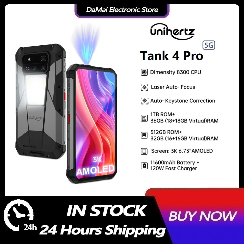 Unihertz Tank 4 Pro 5G โทรศัพท์ที่ทนทานในตัวโปรเจคเตอร์ 720P ขนาด