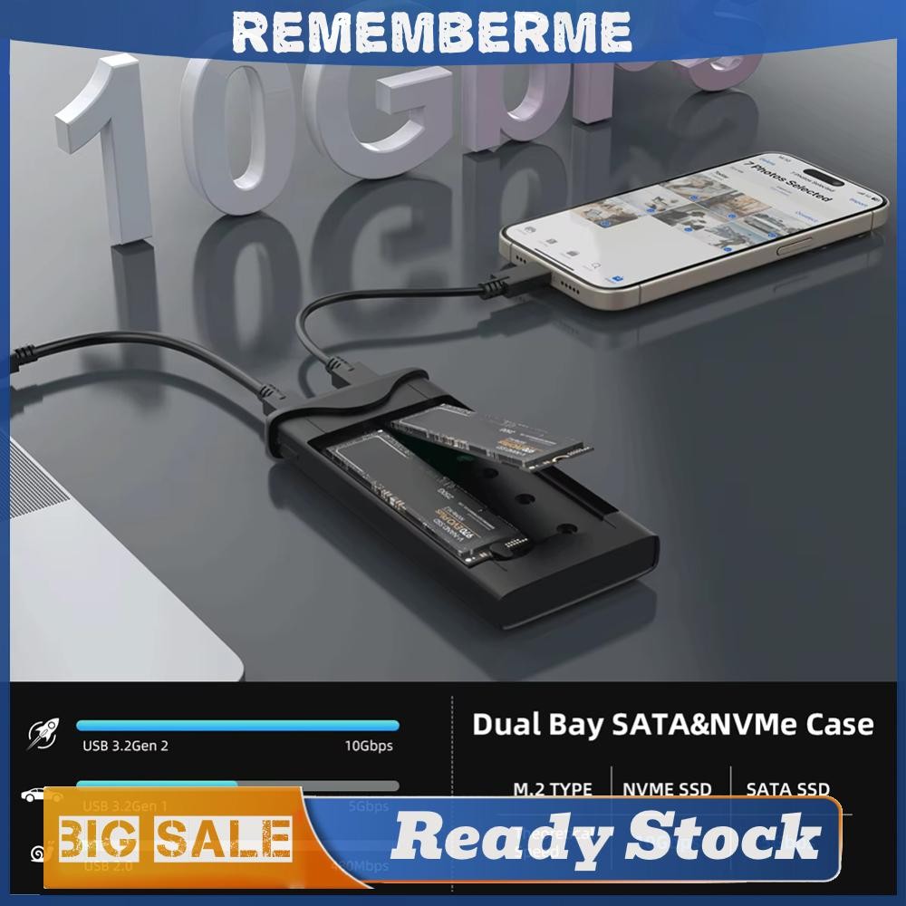 Dual Bay M.2 NVMe SATA SSD Enclosure USB3.2 Gen2 Type-C 10Gbps Hard ...