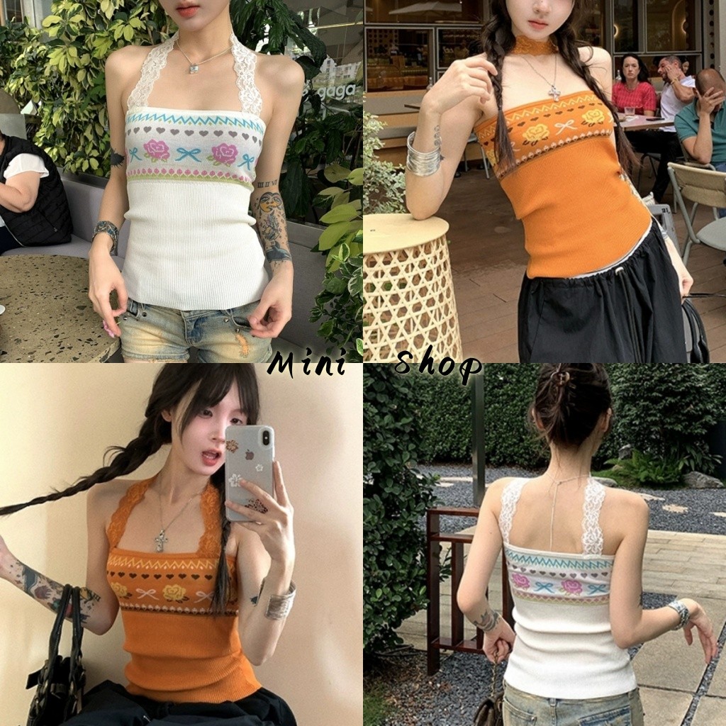 Mini shop🌸พร้อมส่ง🌸(Y9353)เสื้อคล้องคอ ผ้าไหมพรมสีสดใส ลายโบฮีเมี้ยน ...