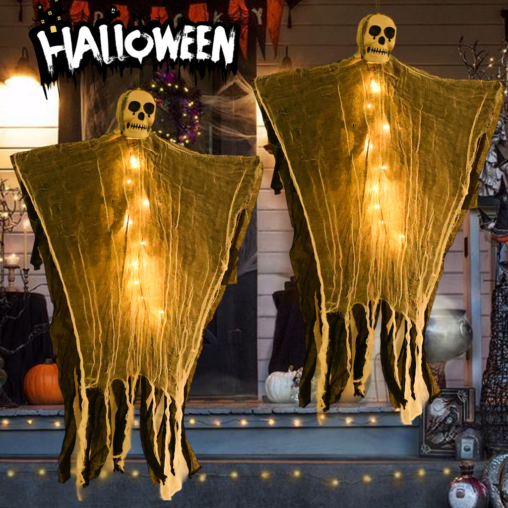2 ชิ้น LED Lighted ฮาโลวีน Skull ตกแต่งการออกแบบแบบพับได้, Ghost Spooky ...