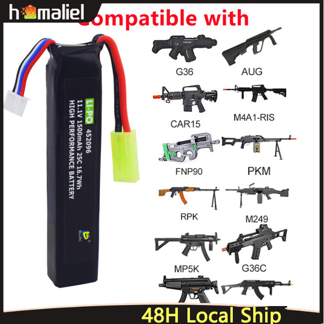 2 Batteries Li-Po 11.1V 1500mAh 25C Pour Réplique Airsoft – Compatible G36C, M4, MP5, AK47, Avec Mini Connecteur Odamiya