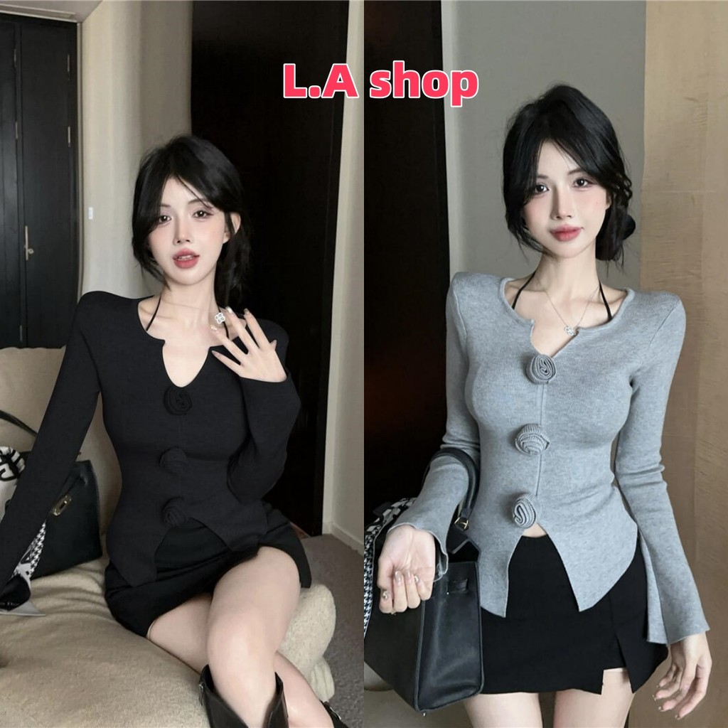 L.A Shop★สไตล์ใหม่★เสื้อไหมพรมแขรยาว คอวี น่ารักมากๆ ดีเทลแต่งดอกไม้ ...