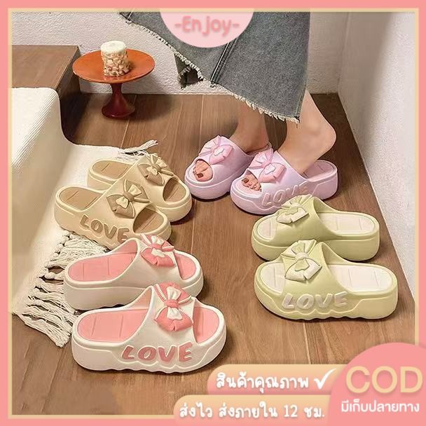 รองเท้าแตะแบบสวม ดีเทลโบว์น่ารัก สีพาสเทล พื้นหนา สูงสำหรับผู้หญิง (LT-6829/LT-6829-1)