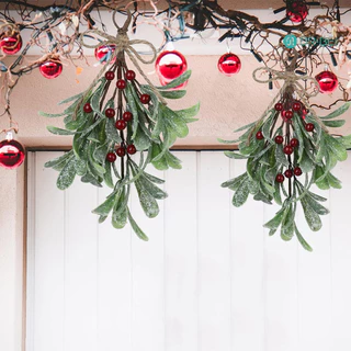 Dr.bei ประดิษฐ์ Mistletoe สาขาคริสต์มาสแขวน Faux Mistletoe เครื่องประดับโบว์ Glitter ใบจําลอง Mistletoe สาขาสําหรับ Garland ช่อดอกไม้ประตู