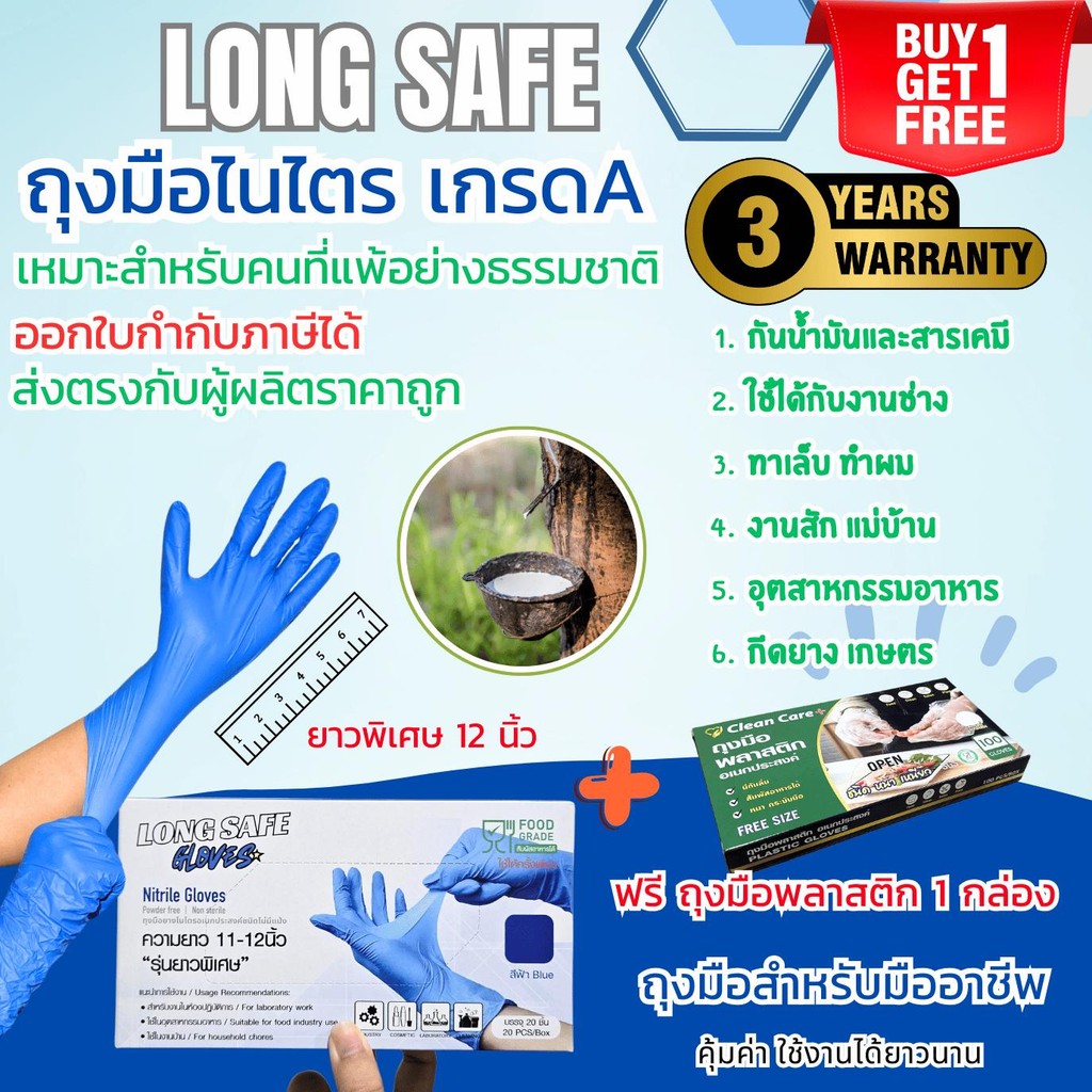 NEW (1แถม1) ลดเยอะ ถุงมือไนไตรสีฟ้า (Long Safe) ข้อยาว 12 นิ้ว แถมฟรี ...