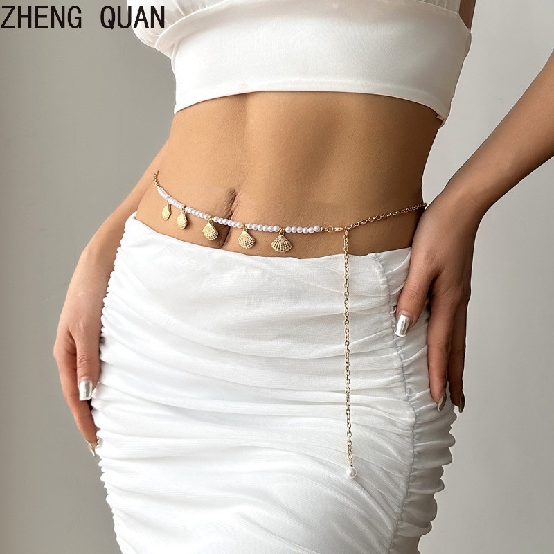 แฟชั่น Retro Pearl Shell Chain เอวเครื่องประดับ Gold Plated ปรับเข็มขัด ...