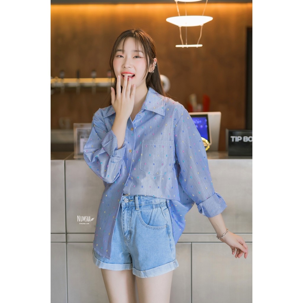 Numsha Brand เชิ้ตลายทางปักเต็มตัว / NB24002 | Shopee Thailand