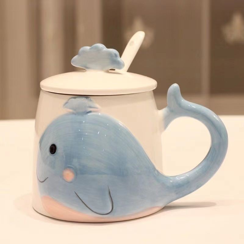 卡通鲸鱼杯马克杯创意可爱陶瓷杯子带盖勺个水杯情侣杯早餐杯Cartoon Whale Cup Makeup Creative Cute ...