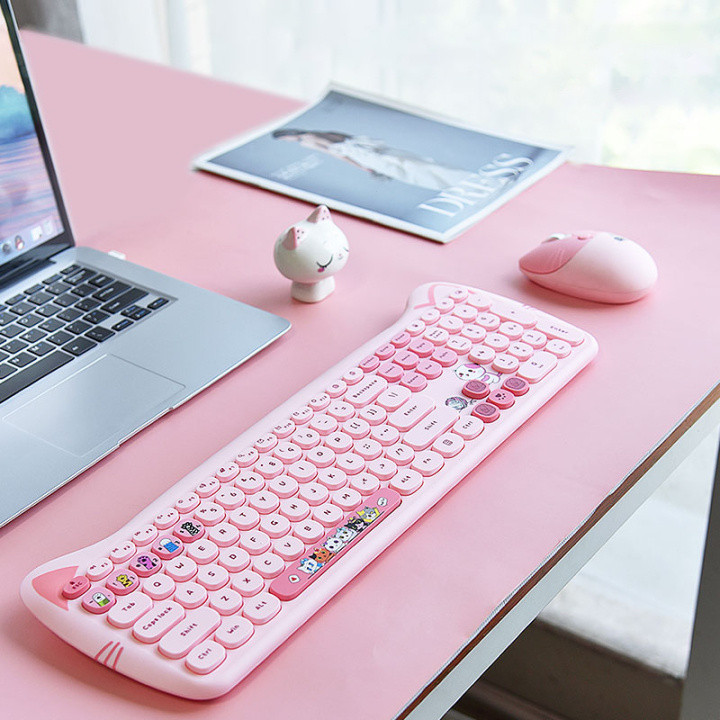 🐾Mofii Kitty PLUS ชุดคีย์บอร์ดและเมาส์ไร้สาย104ขนาดเต็มพร้อมการเชื่อมต่อชิป USB รูปหูแมวน่ารัก แป้นพิมพ์สีชมพู Pink keyboard เมาส์ไร้สาย เงียบ geezer keyboard silent ajazz mouse keyboard wireless