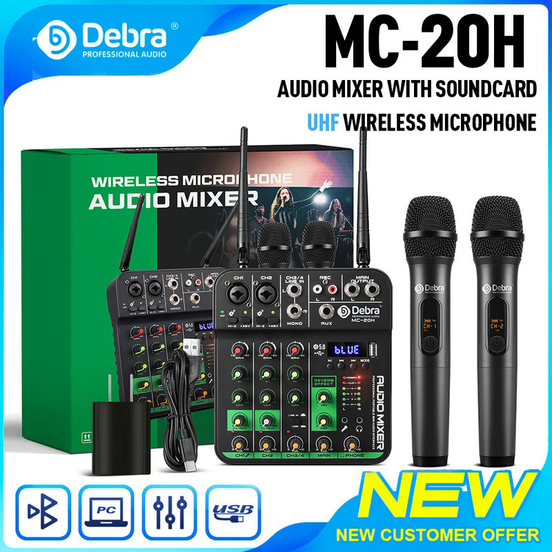 Debra UHF Audio Mixer 4 Channel With 2 Wireless Microphone Soundcard ...