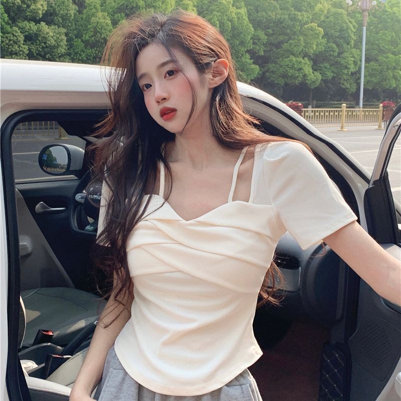 ผ้าไหมน้ำแข็ง ความยืดหยุ่นสูง เสื้อยืดแขนสั้นคอเหลี่ยมเรียบหรู ไหล่ปกติ ...