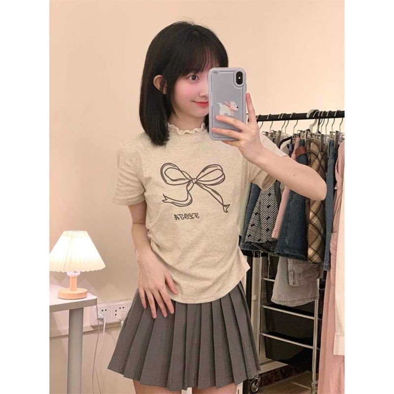 ทีเชิ้ตแขนสั้นพิมพ์โบว์น็อต ขอบลูกไม้ระดับสูง สไตล์ภายนอก GGHC | Shopee ...