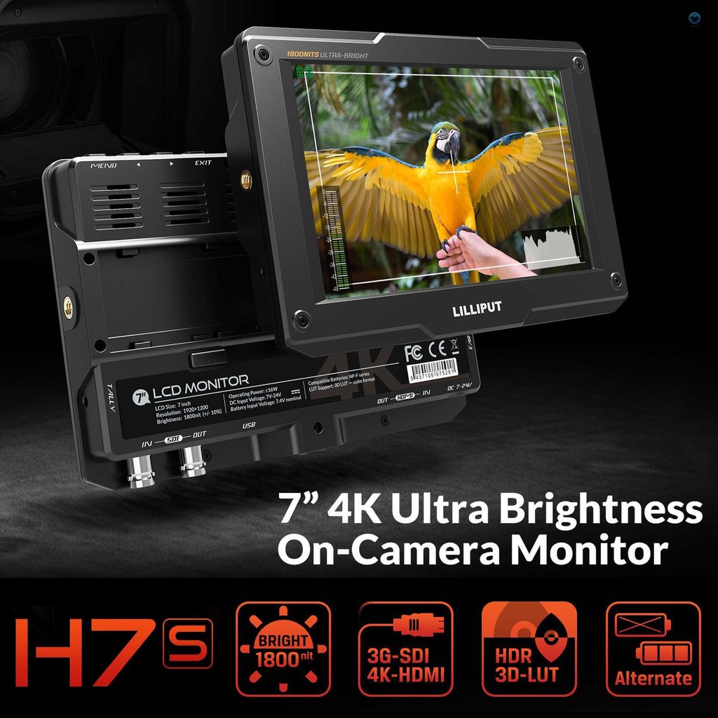 LILLIPUT H7S Monitor 4K 7" Ultra Luminoso 1800 Nit – HDMI E 3G-SDI Con HDR, 3D-LUT E Funzioni Professionali Per Film E Video