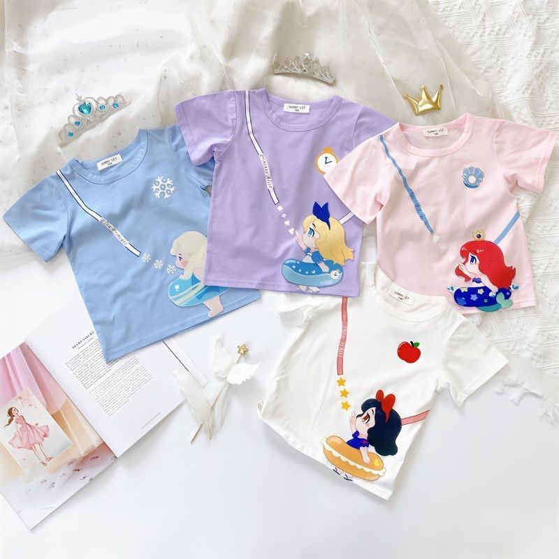 สีเจ้าหญิงน่ารักการ์ตูนพิมพ์ลําลองหลวมระบายอากาศแขนสั้นคอกลมเสื้อยืดสาว ...
