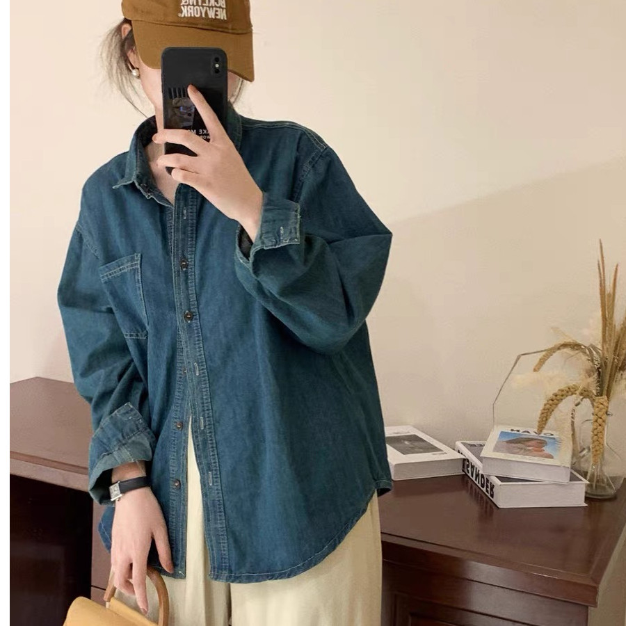 Loose Denim Jacket Polo Collar Single-Breasted Design