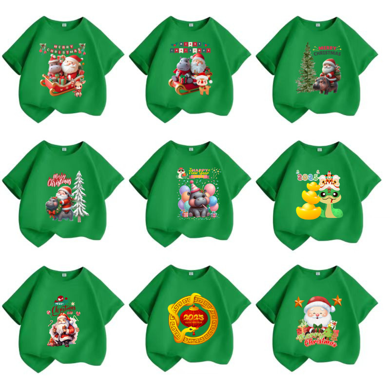 2025 " สีเขียว "Moodeng เสื้อยืดเด็กพิมพ์ลายหมูเด้งคริสมาส Christmas