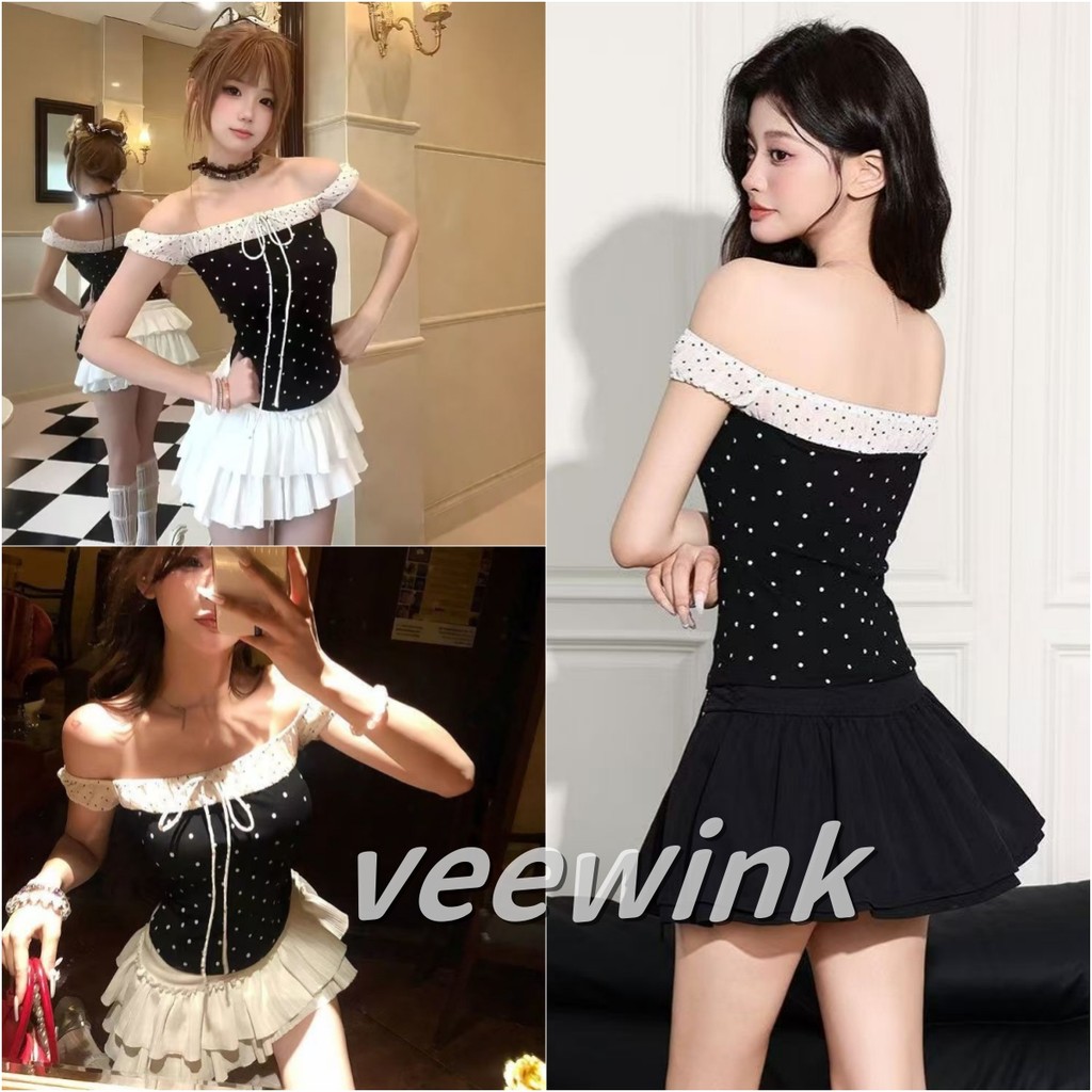 Veewink พร้อมส่งจากกทม เสื้อแขนสั้นคอเปิดไหล่ ลายจุด ทรงสั้น ใส่กระชับตัว สไตล์หวานแสบ