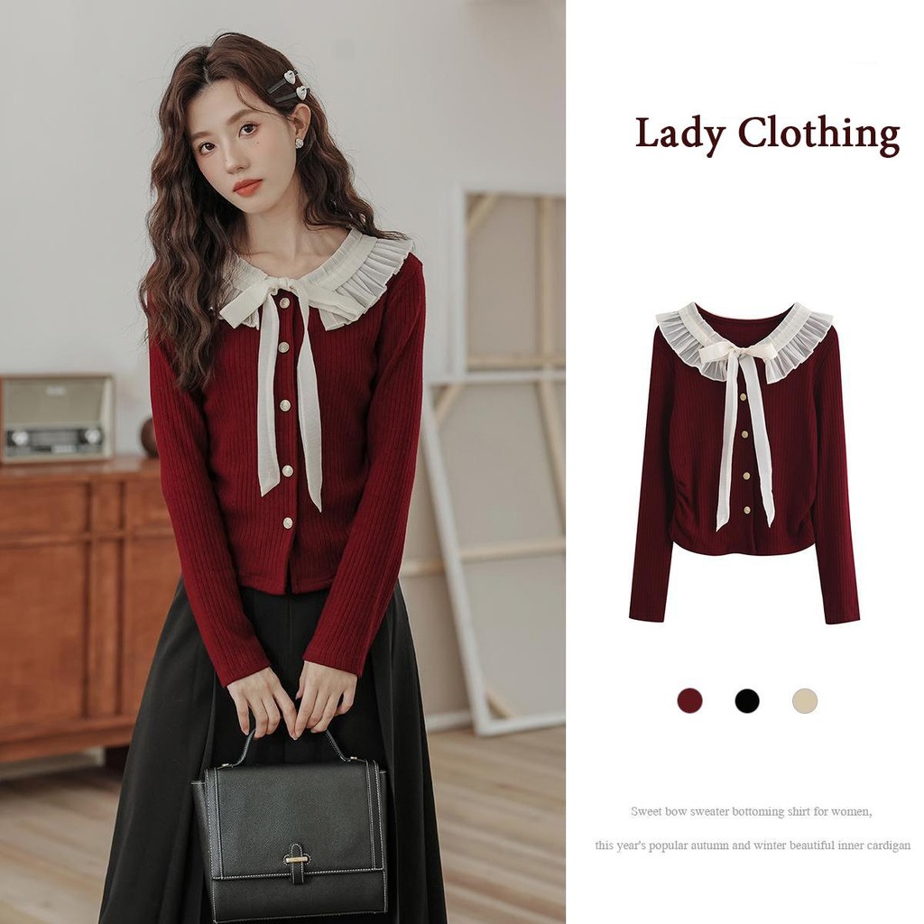 DODO# เสื้อไหมพรมแฟชั่นเกาหลี เสื้อแขนยาวไหมพรม คอกลมแต่งระบาย ผ้าร่อง ...