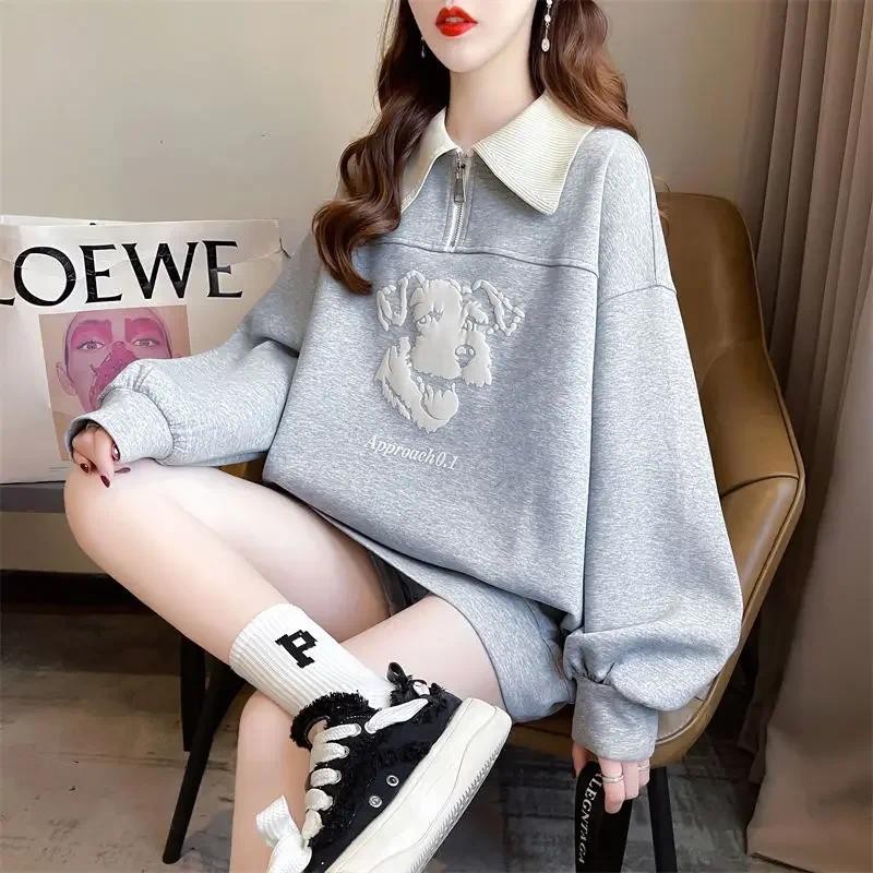 ธรรมดา Baggy Pullovers หลวมผู้หญิงเสื้อ Full Zip Up พร้อมซิปการจับคู่สี ...