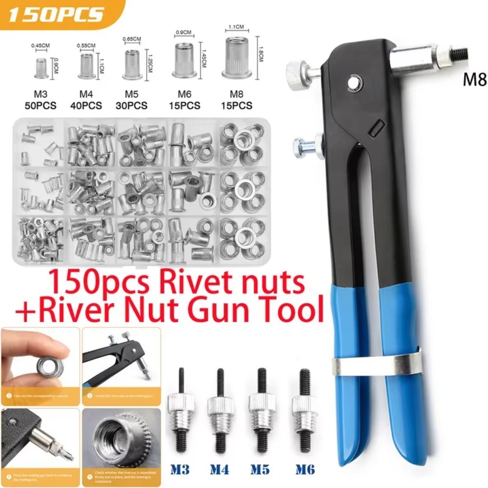 Urlwall 150PCS Rivet Nuts Kit M3/M4/M5/M6/M8 +1PCS Rivet Nut Gun+5PCS ...