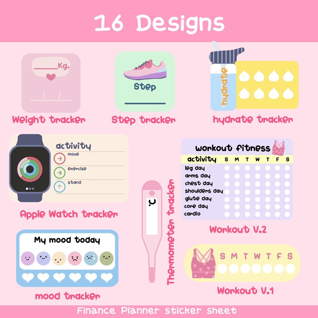 16 แบบ Kawaii Tracker Planner sticker sheets สติ๊กเกอร์บันทึกกิจกรรม ...