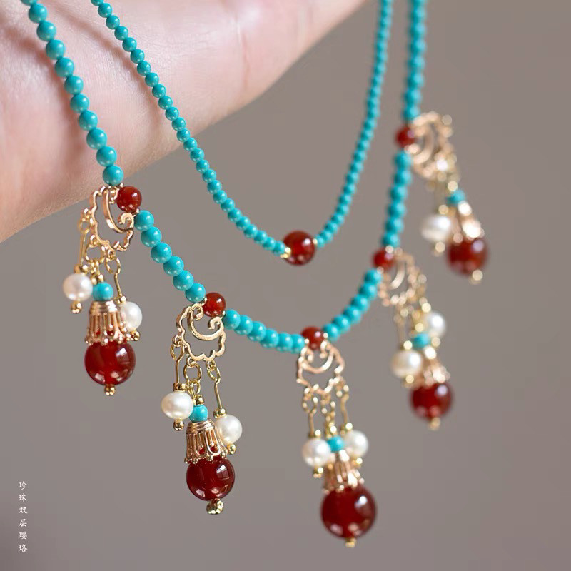 ไข่มุกแปลกใหม่ Turquoise สร้อยคอสองชั้นสีแดง Hanfu นุ่ม Yingluo สไตล์ ...