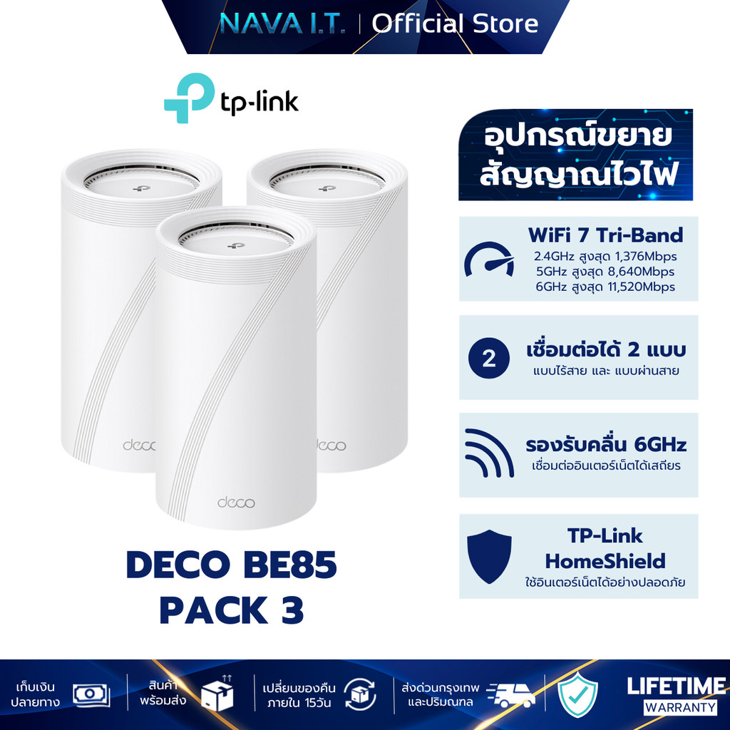 TP-LINK DECO BE85 BE22000 PACK 3 TRI-BAND WHOLE HOME MESH WIFI 7 SYSTEM ...