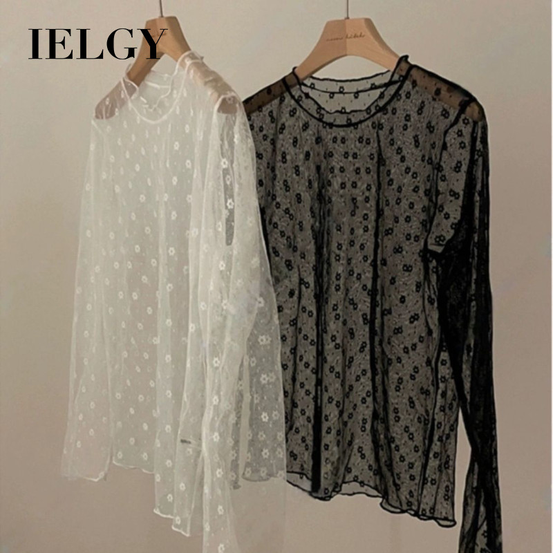 IELGY ชั้นดอกไม้เล็กๆครีมกันแดดตาข่ายลูกไม้ครึ่งคอเต่าแขนยาวเสื้อยืดสําหรับผู้หญิง