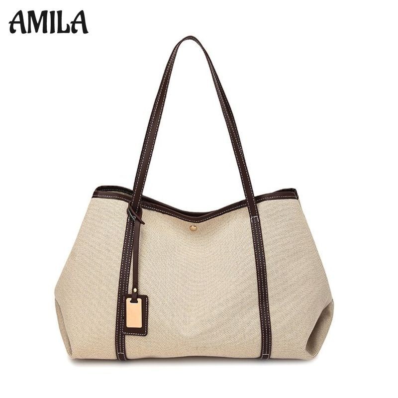 AMILA กระเป๋าสะพายผ้าแคนวาสแฟชั่นฤดูใบไม้ผลิ Magnetic Snap Design เรียบง่ายและสง่างาม