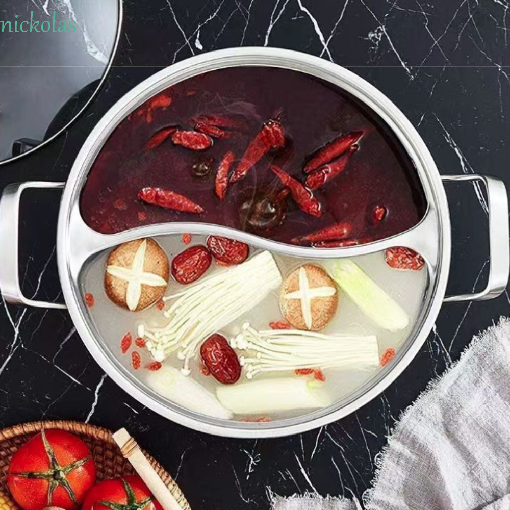 NICKOLAS แบ่งหม้อร้อน, สแตนเลสพร้อมฝาปิดแก้วจีนซุป Hotpot, ครัวเรือน ...