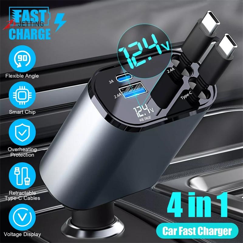 JTTH 120W 4 In 1 Retractable Car Charger USB C สําหรับ IPhone Xiaomi ...