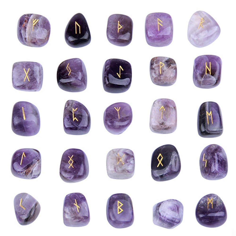 25 ชิ้นคริสตัลธรรมชาติ Rune หินชุด Nordic Rune Letter Amethyst อัญมณี ...
