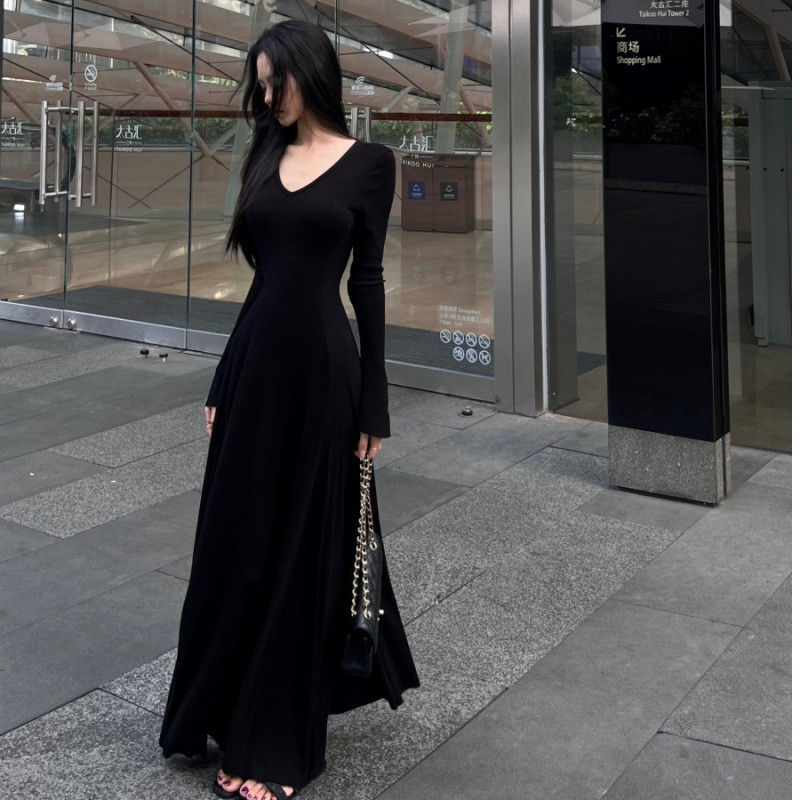 Hepburn Style All-Match Simple Dress Chic Black Slim-fit Classy กระโปรง ...