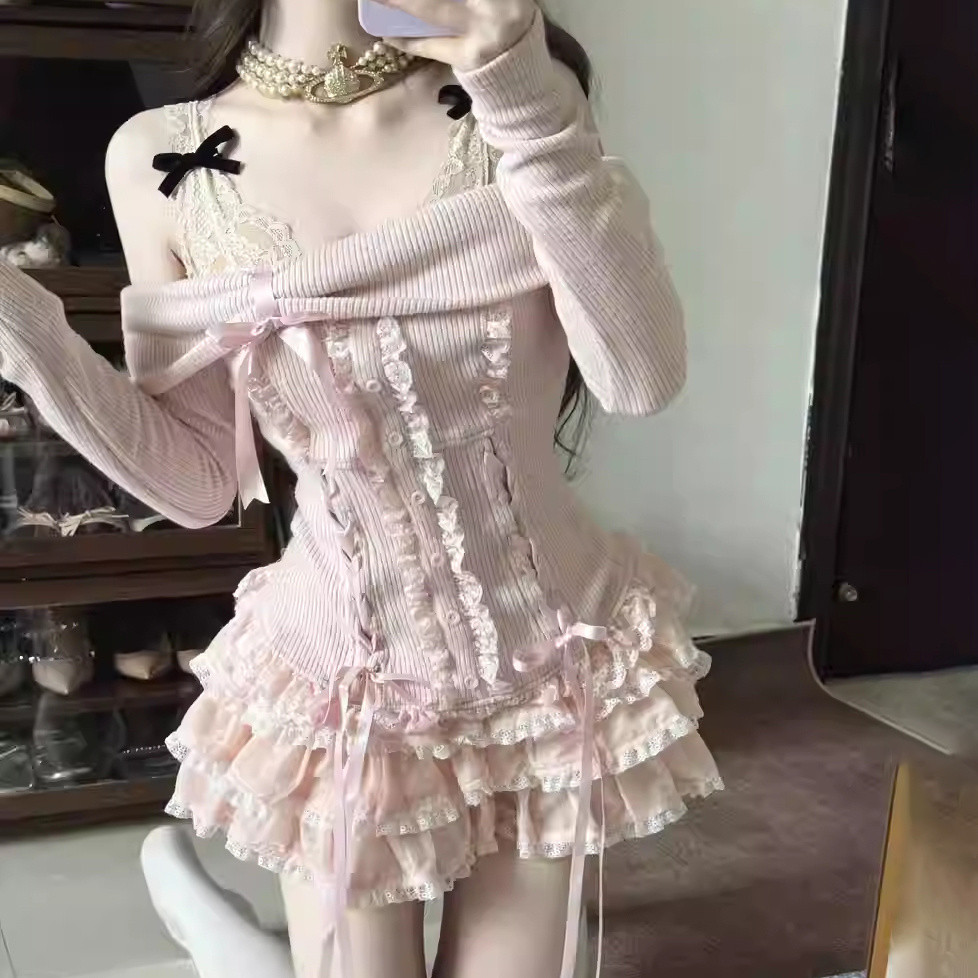 Short Skirt[off-Shoulder Bow Two-Piece Set Sweet Style Cake Long