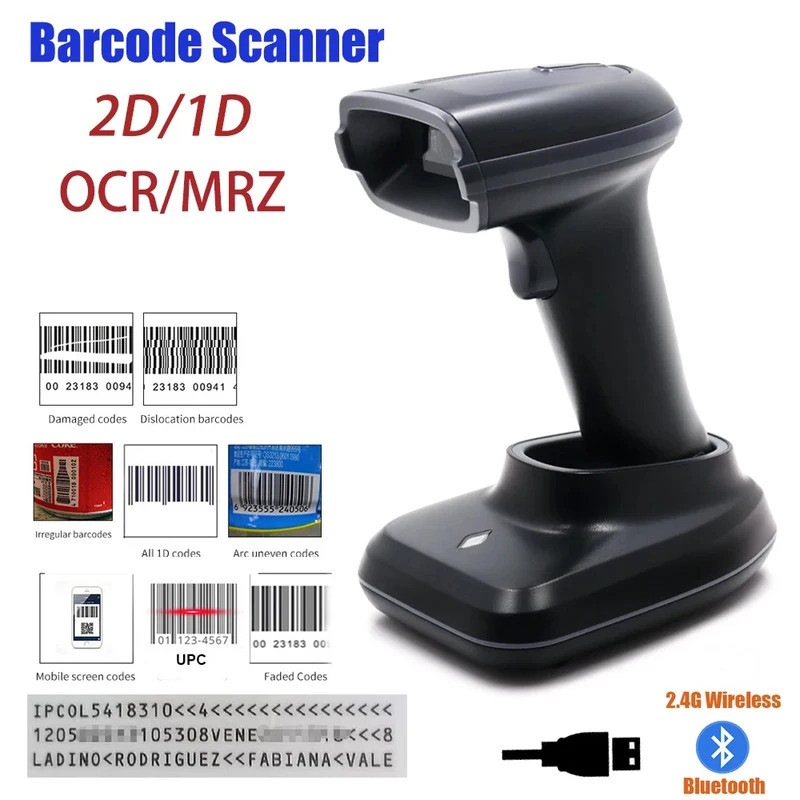 2D/1D OCR เครื่องสแกนบาร์โค้ดแบบพกพา แบบมีสาย/ไร้สาย บลูทูธ พร้อมฐาน ...