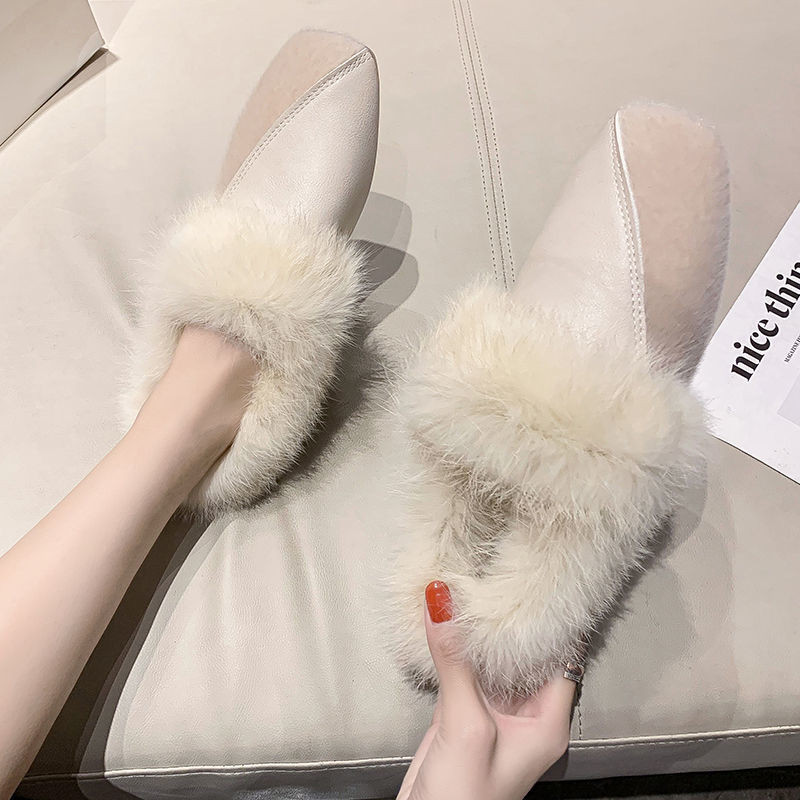 [True Rabbit Hair] ตาข่ายอินฟราเรดสวมหัวเหลี่ยมแบนรองเท้าขนสัตว์สไตล์ ...