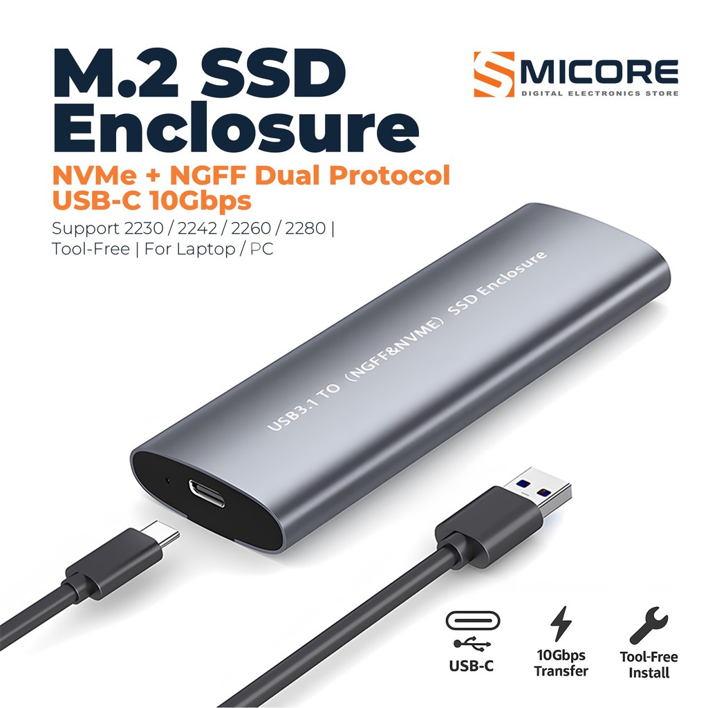 M.2 SSD Enclosure 10Gbps USB-C Dual Protocol NVMe NGFF Case รองรับ 2230 ...