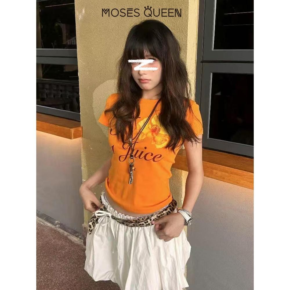 Moses Queen สีส้มเซ็กซี่พิมพ์แขนสั้น T เสื้อ 2025 ฤดูร้อนใหม่ Slim แขน ...