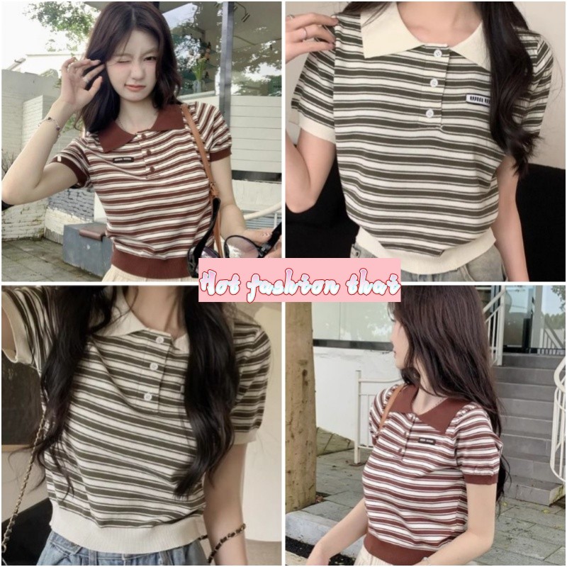 Hot Fashion thai 🌸พร้อมส่ง' เสื้อครอปแขนสั้น ไหมพรม คอปก ลายทาง เรียบๆ ...