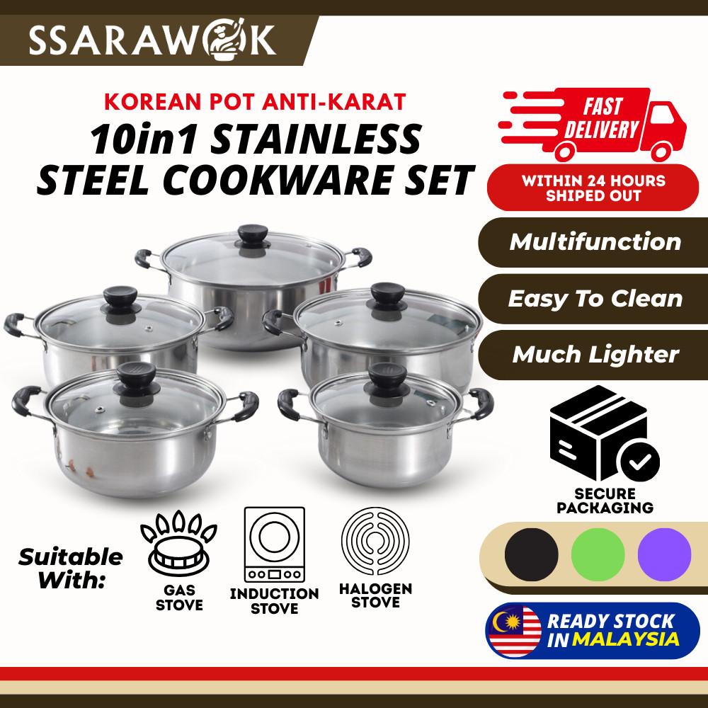 SSARAWOK 10 ชิ้นสแตนเลส Periuk ชุดเครื่องครัว Alat Dapur Periuk Kuali ...