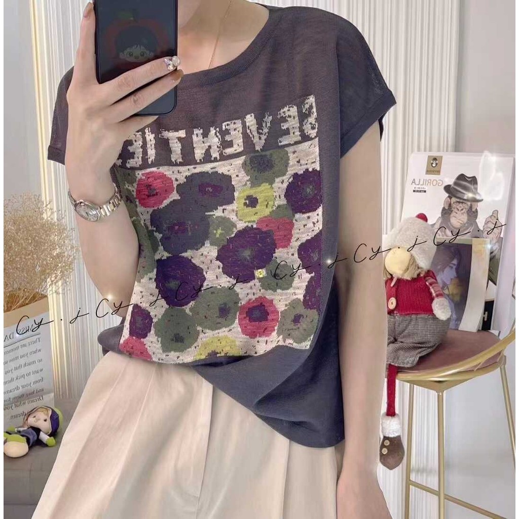 ผ้าไหมน้ําแข็งแขนสั้นเสื้อยืดผู้หญิง 2024 สไตล์ใหม่ฤดูร้อนรอบคอหลวมบิน ...