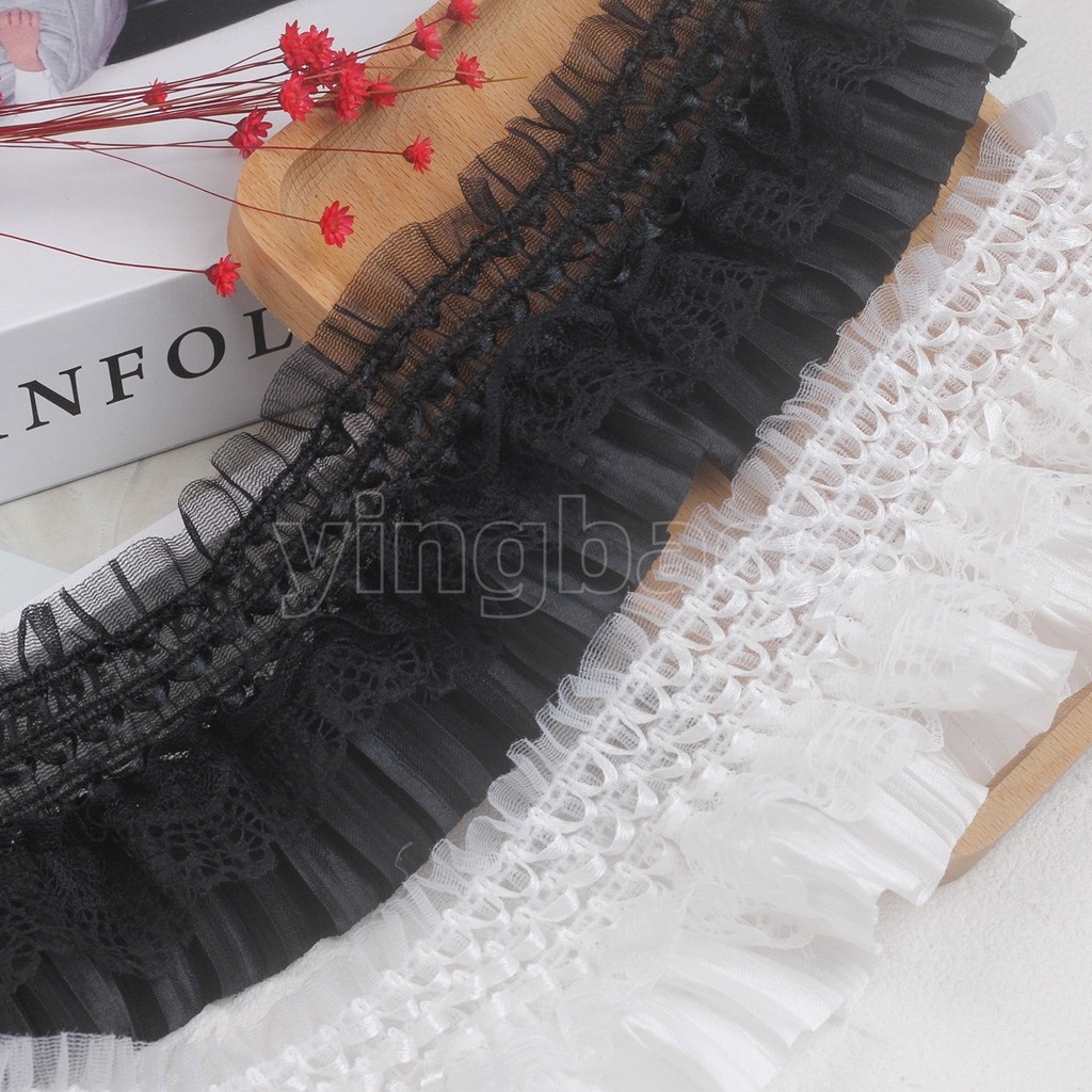 4 หลา Gorgeous Elastic Ruffle Trim 2 ชั้นจีบยืดขอบลูกไม้สําหรับ Cuffs ...