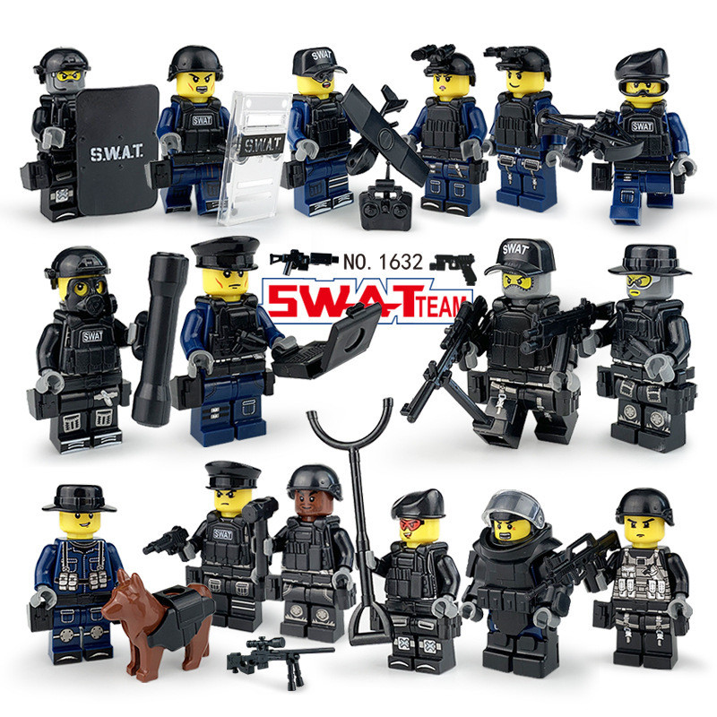 16PCS SWAT Building Blocks ตุ๊กตาอาวุธอุปกรณ์เสริมตัวเลขสุนัขสีน้ําตาล ...