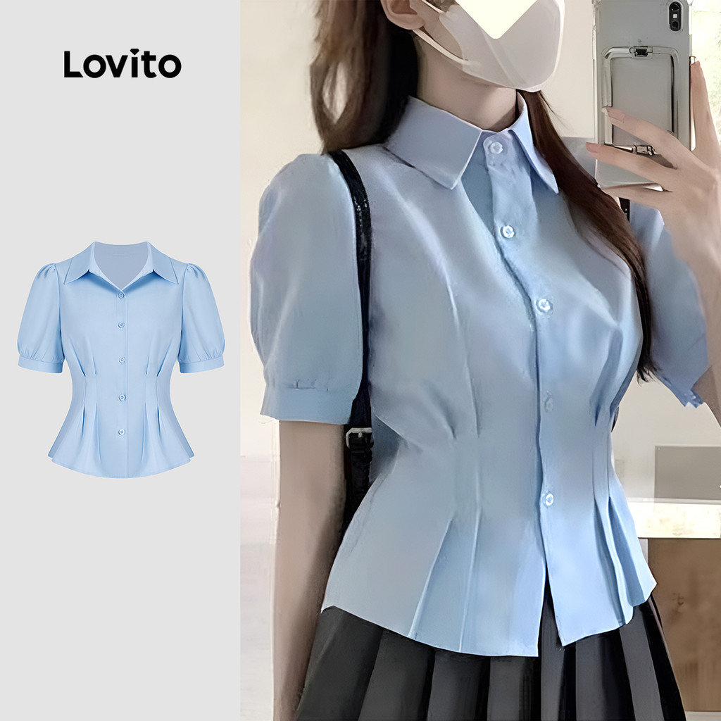Lovito เสื้อเบลาส์ลําลองจับจีบสีพื้นสําหรับผู้หญิง L131ED1133 | Shopee ...