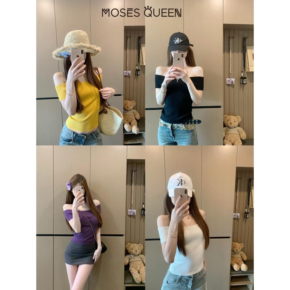 Moses Queen Hot Girl สไตล์ไหล่เดียวแขนสั้นถักเสื้อยืดผู้หญิงฤดูใบไม้ผลิ ...